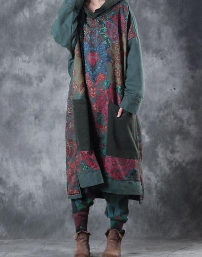 Modern-green-print-cotton-clothes-hooded-drawstring-Art-Dress2
